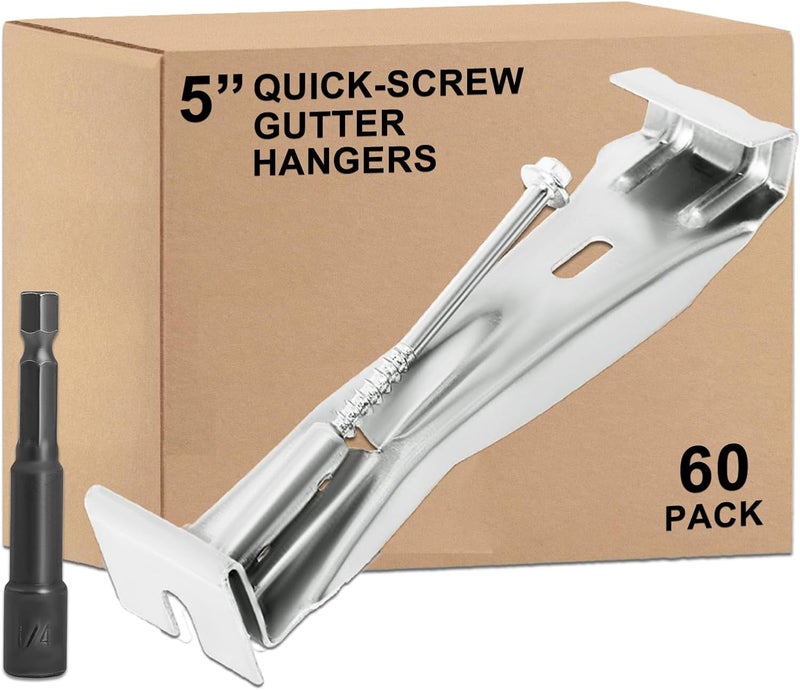 Hoqqf 5inch Gutter Hangers (60Pcs) with Pre-Inserted Quick Screw Gutter Clips, Hidden Bracket Clips for 5" K-Style Aluminum Gutters - Come with 1/4” Hex Drill Bit - Image 1